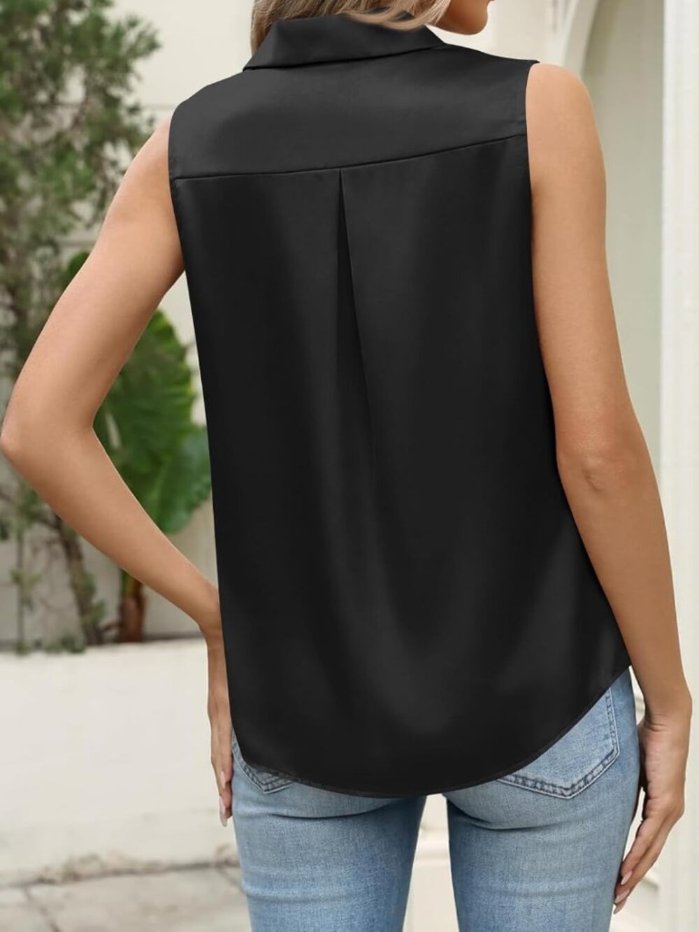Women's Black Sleeveless V Neck Button Down Loose Fit Casual Blouses Tank Tops - Picture 4 of 6